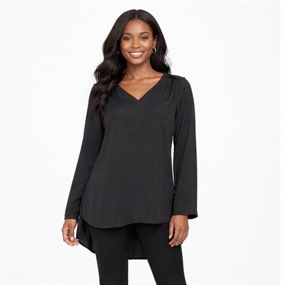 The Limited Black V-Neck High Low Blouse Long‎ Sleeve Pleated Shoulder S 88-31